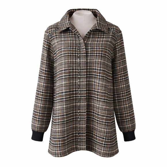 Yest The Netherlands Jackets & Blazers - Yest The Netherlands Plaid Shacket Gray Brown Houndstooth Fringe Shirt Jacket 12